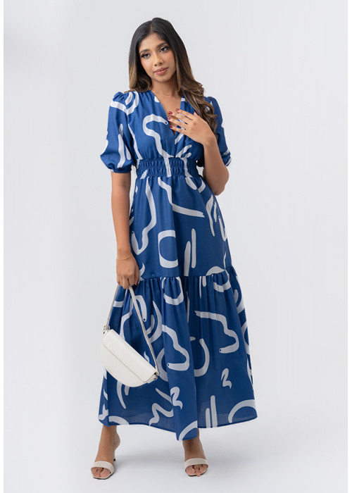 LOLA V NECK BLUE PRINTED DRESS